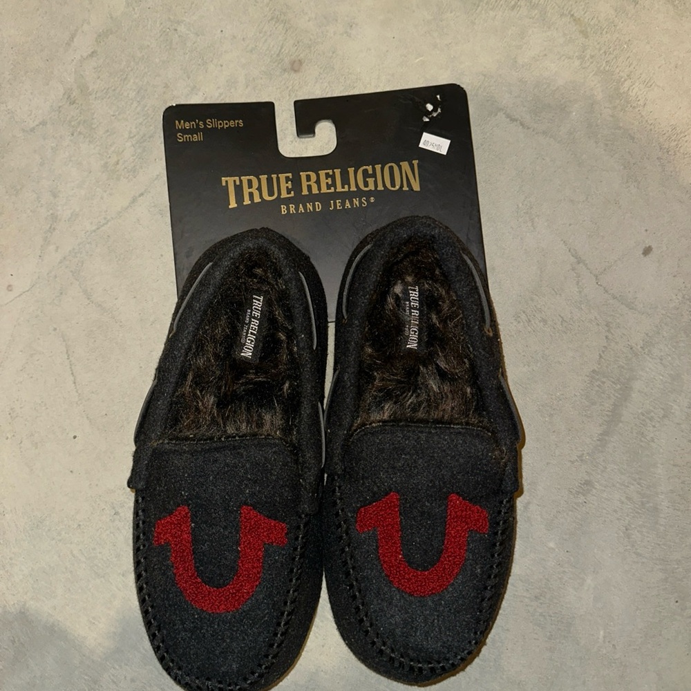 True Religion Black and Brown Fur-Lined Slippers